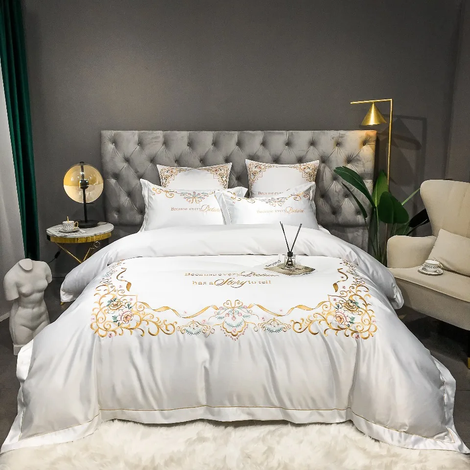 Modern Light Luxury Style Soft Embroidery 500tc Satin cotton bed sheets duvet bedding set