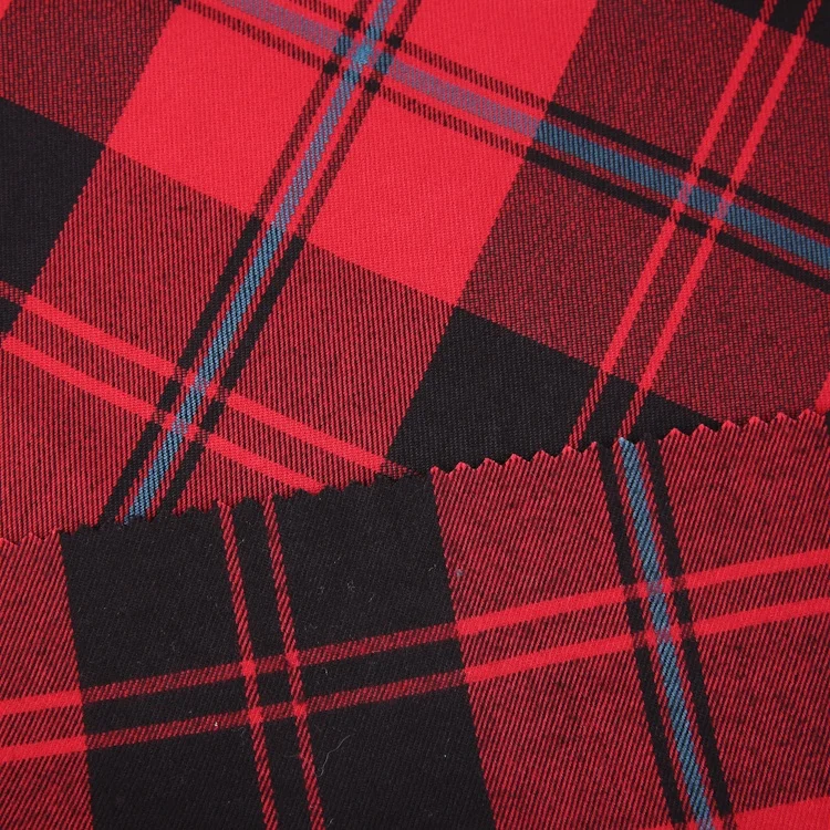 TR 285gsm woven yarn dyed red tartan fabric polyester rayon spandex red big check design plaid fabric for shirt