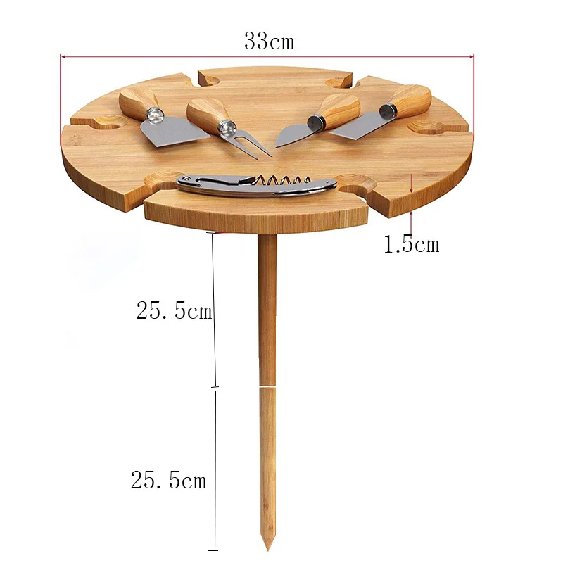 Natural Bamboo Outdoor Portable Beach Table for Sand and Grass Wine Snack Cheese Tray with 4 Serving Utensils Picnic Board