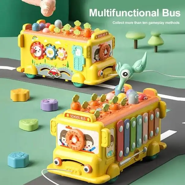 Early Education 6 In 1 Multi Functional Bus Car Toy Whack A Mole Xylophone Sensory Montessori Activity Toys For Baby