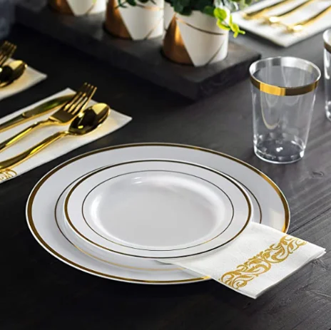 Wholesale Food Grade Dinning Gold Sliver Rose Tray Bowl Dish Tableware Set Heat-Resistant PS Plastic Plate Disposable Dinnerware