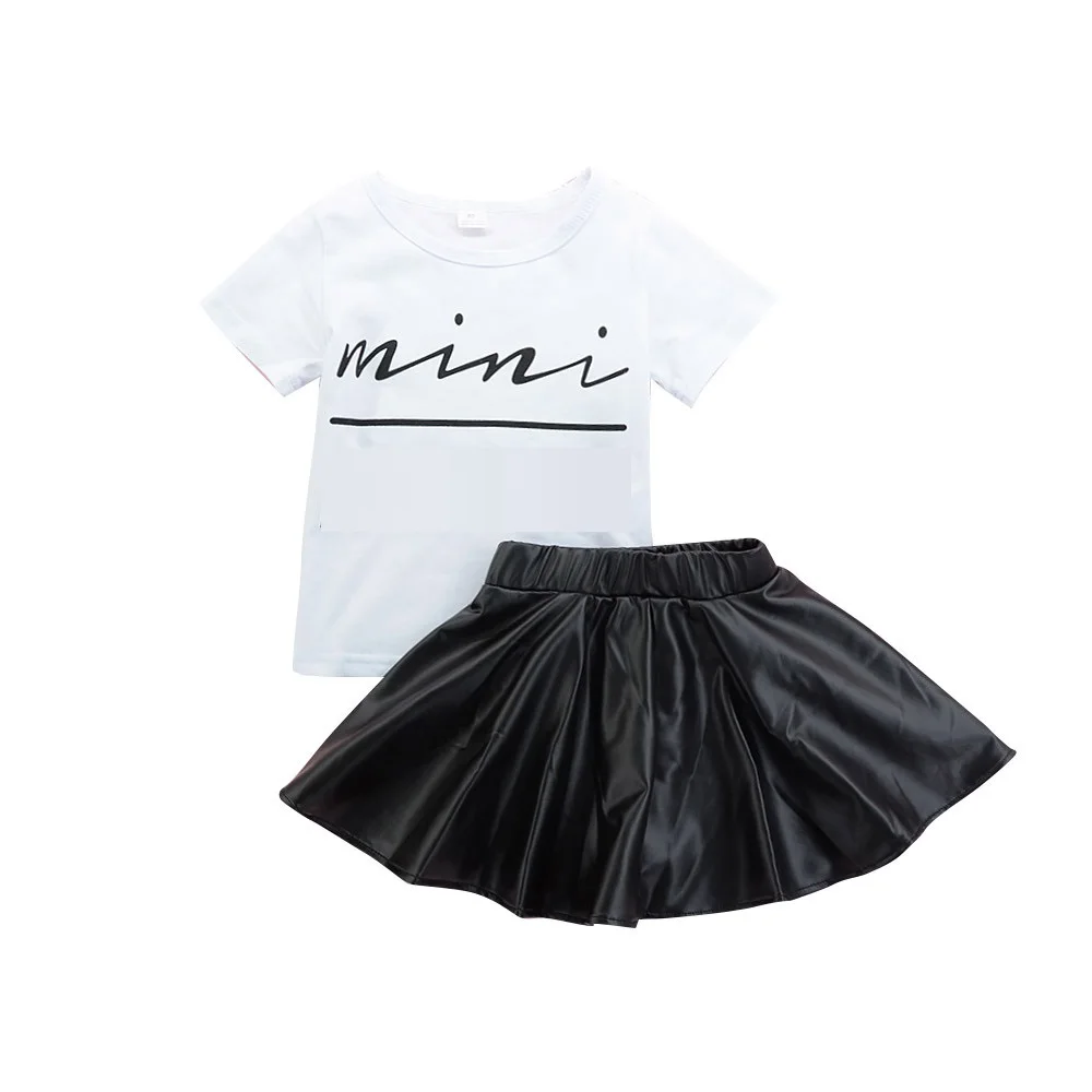 Wholesale Short Sleeve Pu Leather Skirt Korean Child Girls Summer 2pcs Clothes Kids Clothing Set