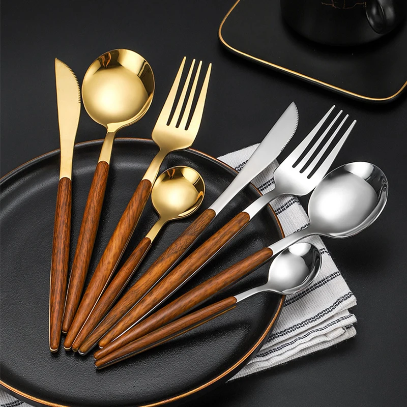 Hongda 430 Flatware Spoon Fork Knife Stainless Steel Wooden Plating Handle Cutlery Set