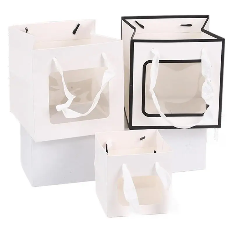 customizable Thickened square packaging flower wide bottom transparent window opening hand-held gift bag, paper bag