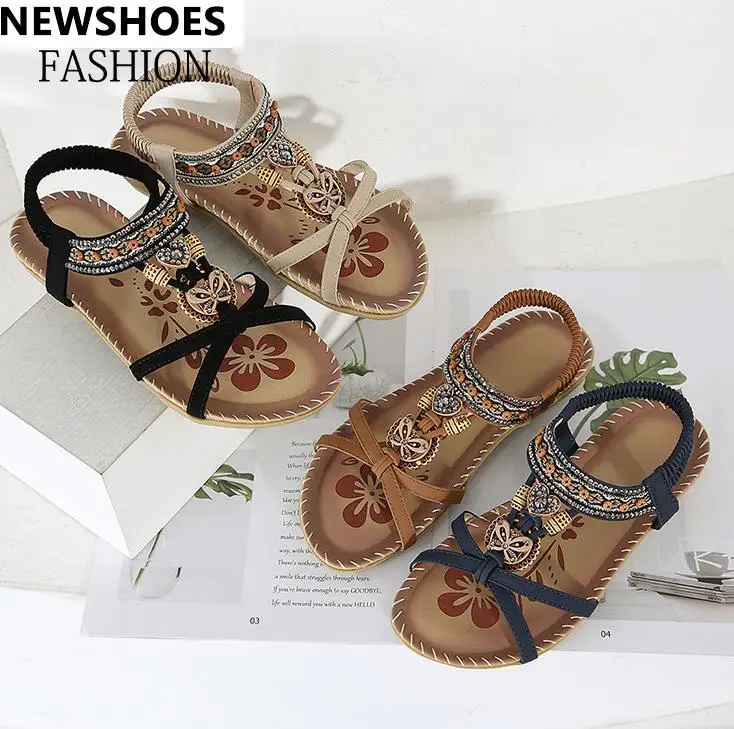 Luxury ladies flat outdoor beach sandals shoes straps women flowers rhinestone roman sandals