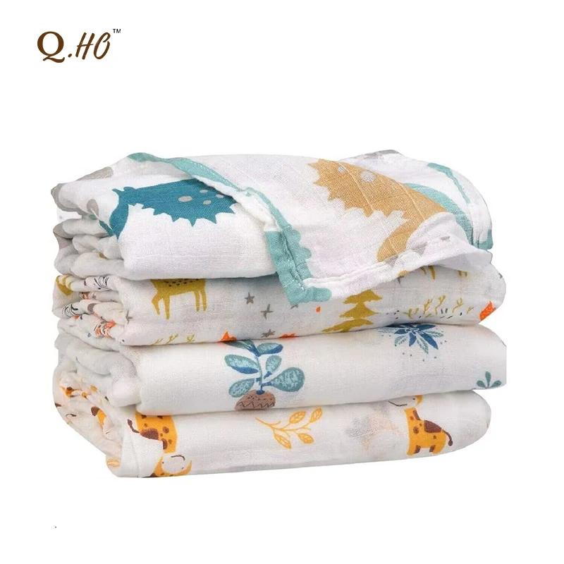 New Fashion Customizable Cute Printed 4 Layer Soft 70% Bamboo 30% Organic Cotton Fabric Muslin Infant Baby Swaddle Wrap Blanket