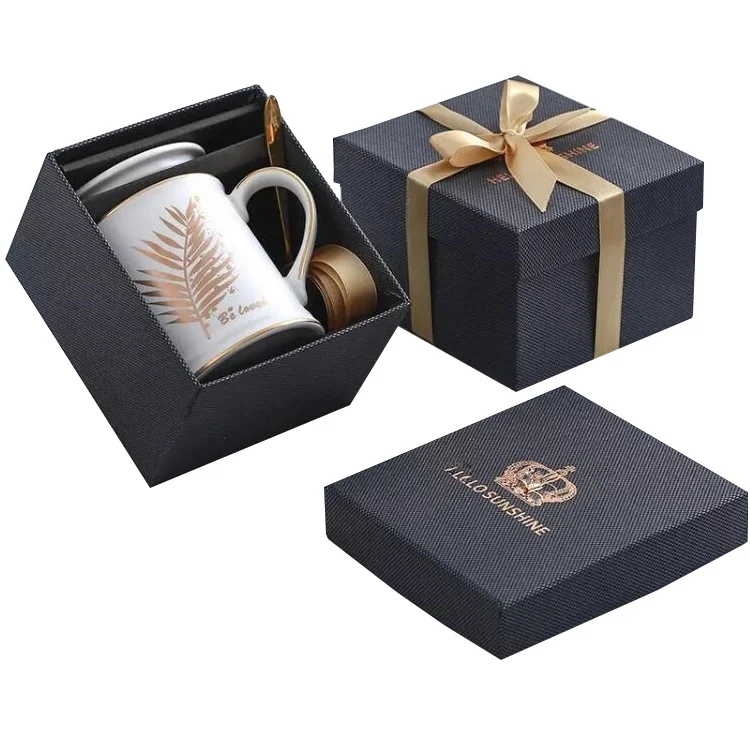 Бумажная Подарочная коробка для кружек с ленточным бантом и логотипом на заказ роскошная Текстурированная Черная бумажная чашка кружки упаковка ленточной