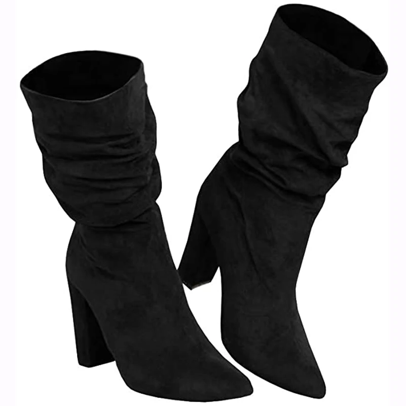 Block Heel Boots Women Closed Toe Stretch Boots Wide Calf Sexy Stiletto Shoes Black