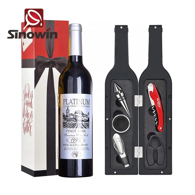 Promotional 5 pieces stainless steel wine box gift set bottle shaped wine opener set