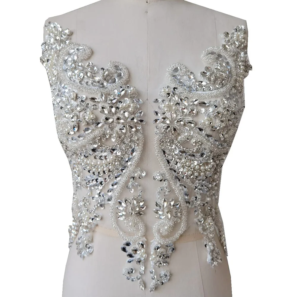 Wholesale Handmade Embroidery Lace Rhinestone Beaded Dress Applique For Bridal Dress