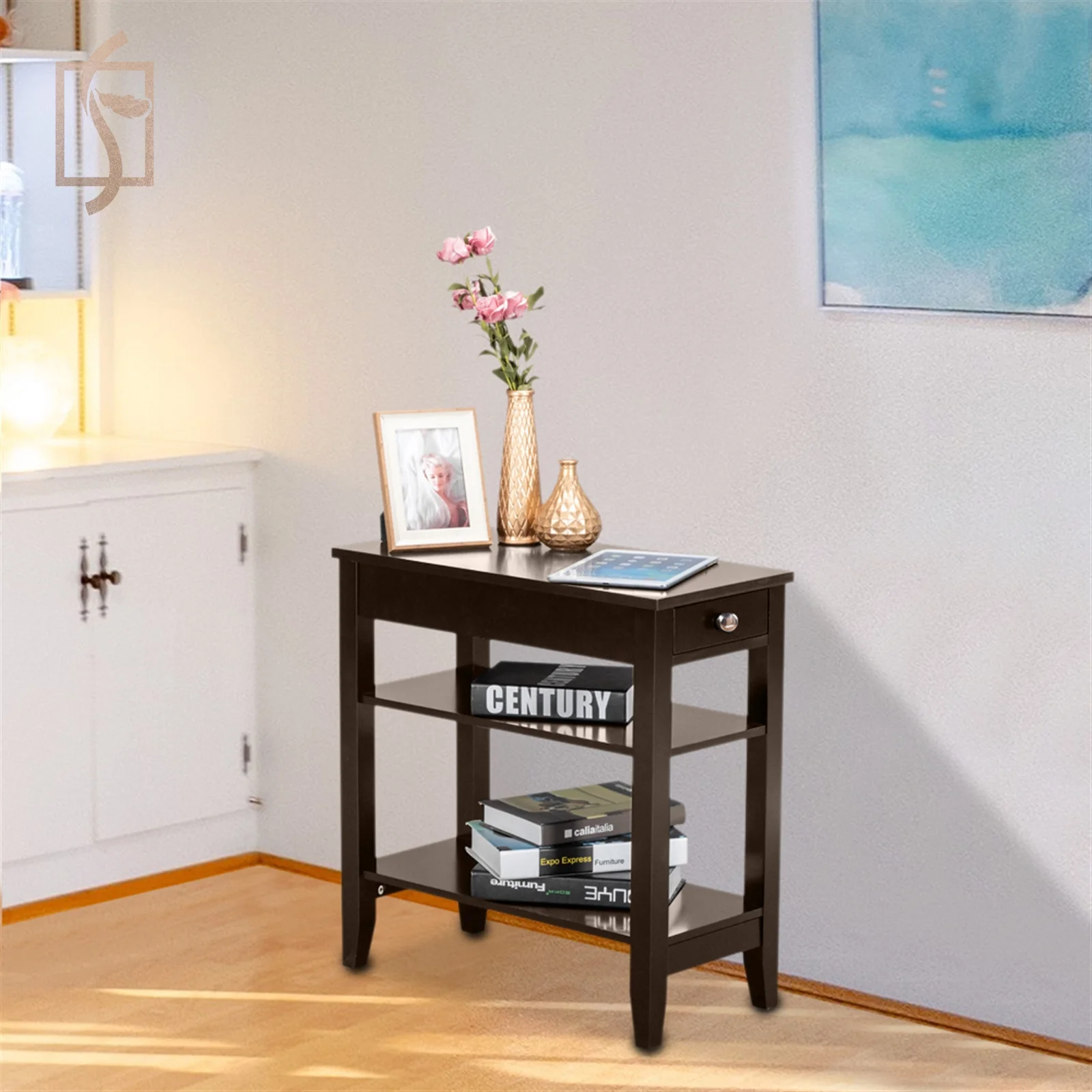 Кофейного цвета двухслойный прикроватный столик с ящиками коричневый ночной