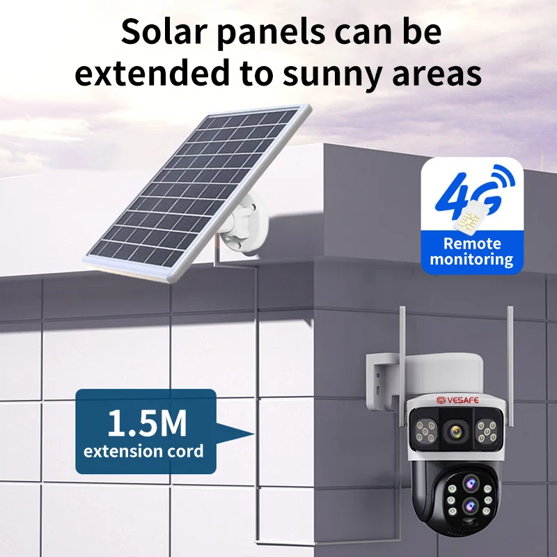 VESAFE New Product Outdoor 4g Three Screen Solar Panel Surveillance CCTV Security PTZ Camera Motion Detection Solar Camera