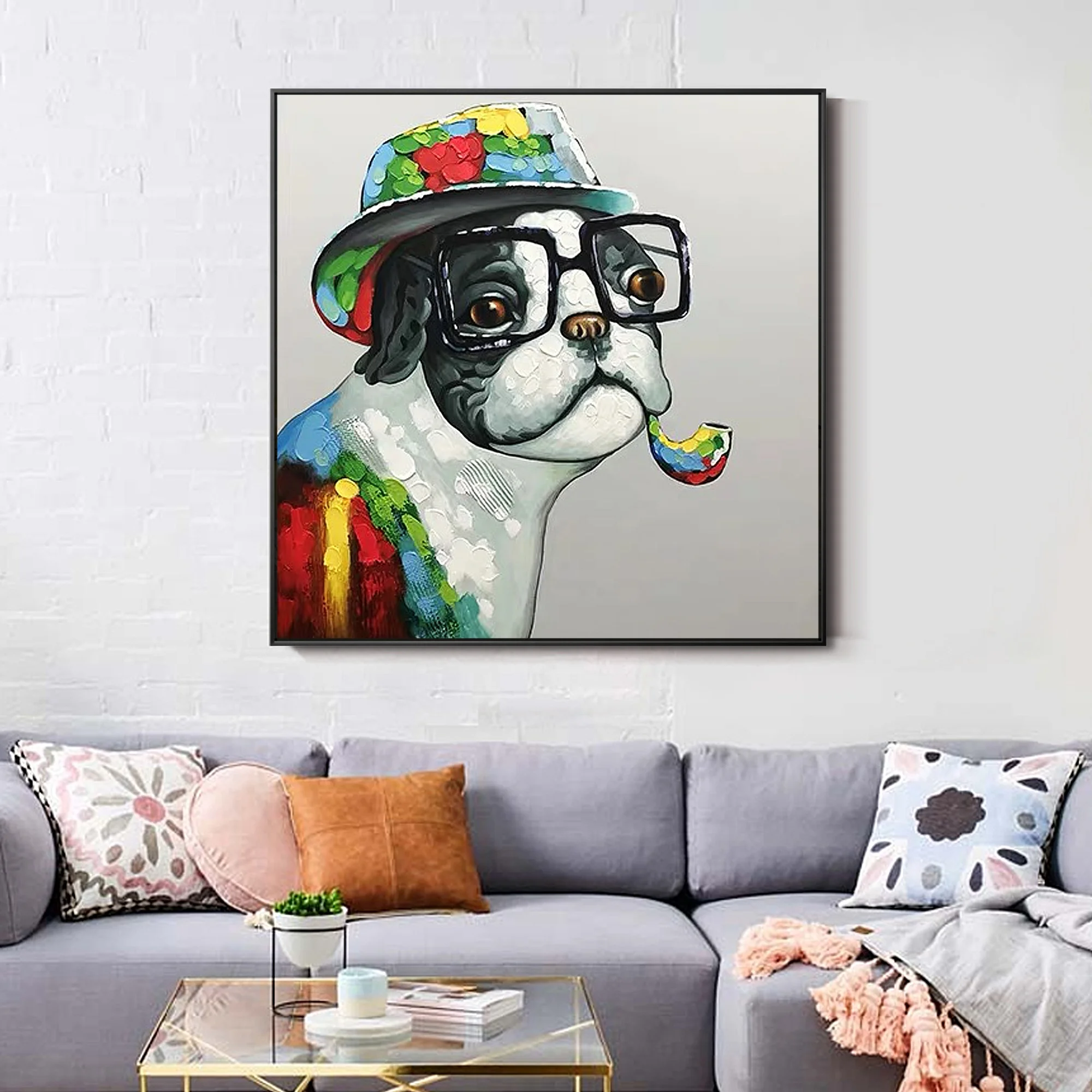 
Pop art painting glasses dog handmade yellow red green animal acrylic painting wall Art pictures for living room home decor 
