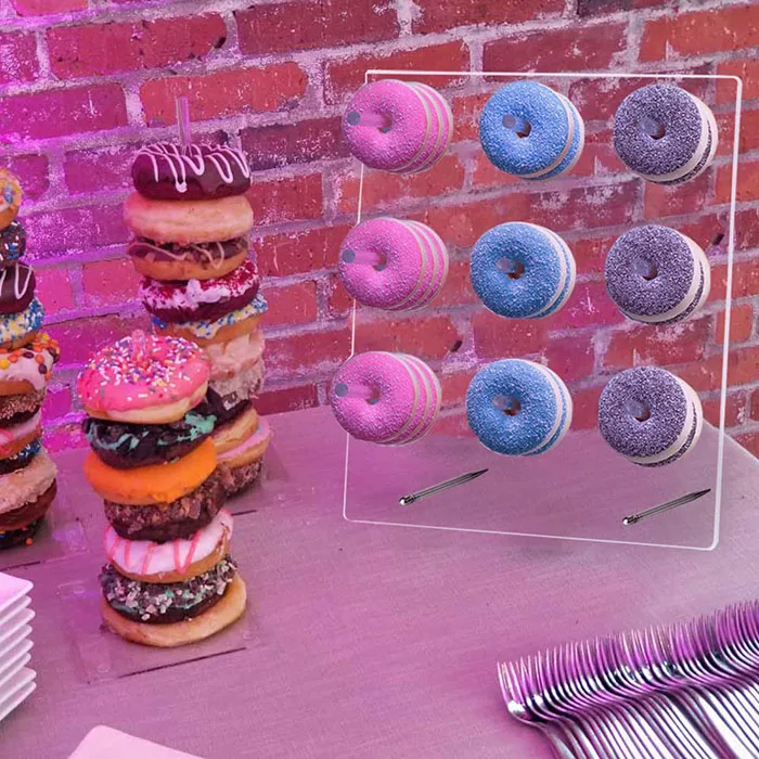 Acrylic Donut Wall Display Stand Crystal Donut Wall On Table Rack Display with 9 Pillars for Christmas Birthday Party Decor