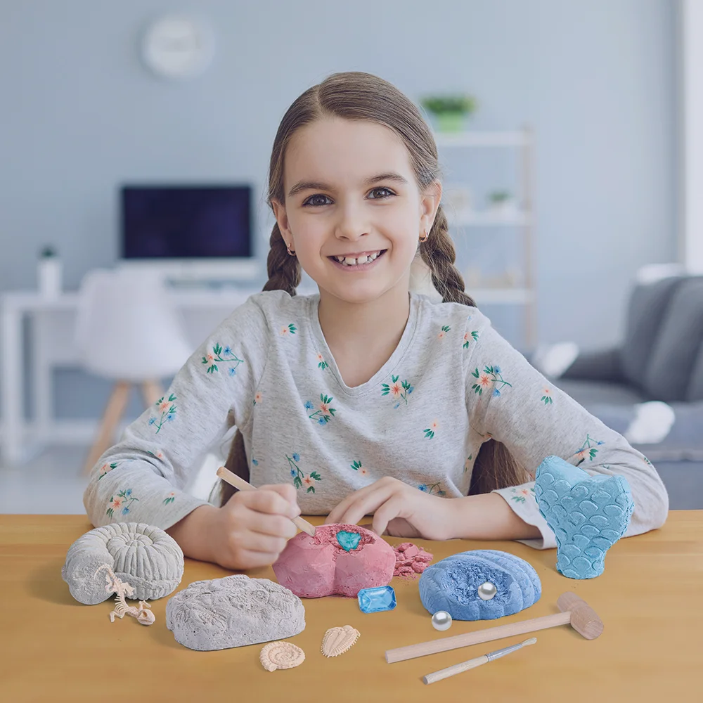 DIY eco friendly beautiful blue ocean series block dig atlantis treasure incloud pearl gemstone fossils dig toy