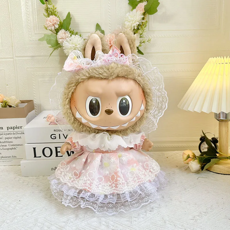 2293 38cm Vinyl Plush Doll Replacement Strawberry Bear Suit Cute Dress Outfit Clothes Only Labubu