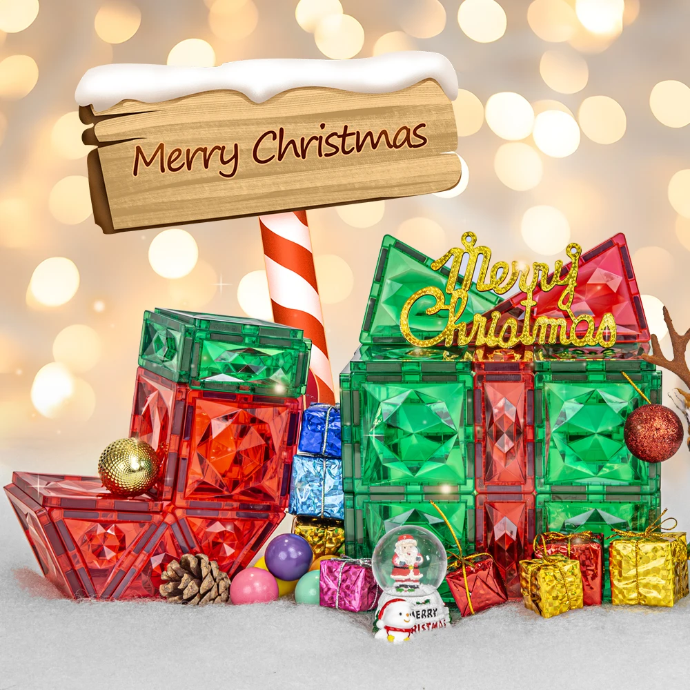 Red Green Christmas Series Colorful Magnet Tiles Toys Magnetic Blocks Educational Toys Magnetic Building Tiles For Kids