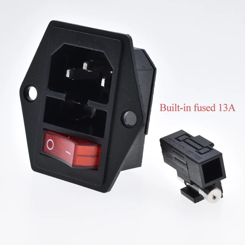 AC250V 10A C14 power socket with fuse 13A rocker switch red indicate light 3 pin male industrial connector