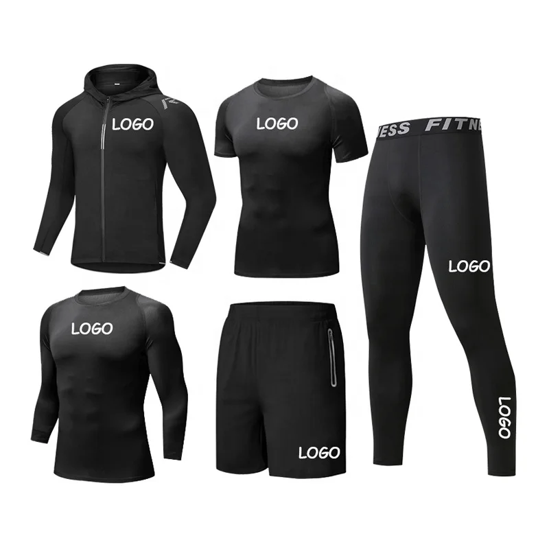 Gym Clothes Custom Logo Sportswear Quick Dry 5pcs Tracksuit Bodysuit Compression Activewear Set Men Workout Clothes Fitness