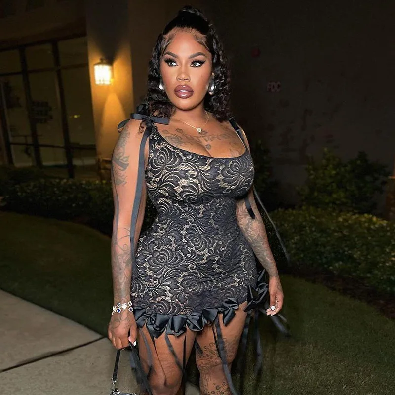 DG5313C Sexy Bow Ribbon Dress Summer Women See Through Chic Hem Coquette Concert Birthday Party Clubwear Evening Mini Bodycon