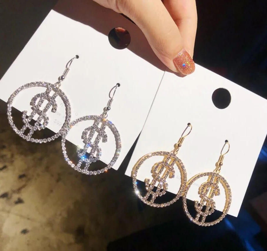 QIFEI Personality Exaggerated 925 Silver Pin Rhinestone Earrings Geometric Circle Dollar Drop Earrings Women
