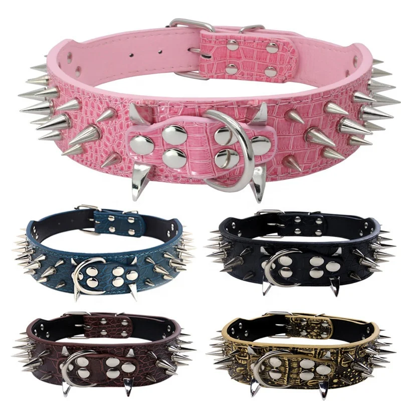 Spiked Studded Rivet PU Leather Dog Anti-Bite Collar Adjustable Pet Collars Puppy Neck Strap dog harness with spikes
