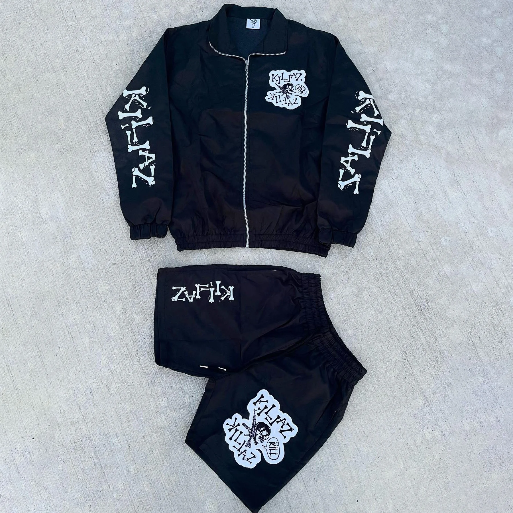 Custom Skull Screen Print Tracksuit Sports Coat 2 Pieces Set Nylon Zip Up Jacket Windbreaker And Sweat Short Set For Men