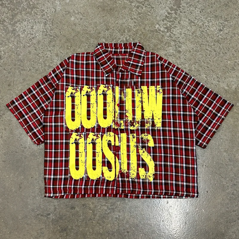 Salati Custom Designer Print Logo Cropped Vintage Shorts Sleeve Button Down Up T-shirts Check Tshirts Plaid Flannel Shirts Men