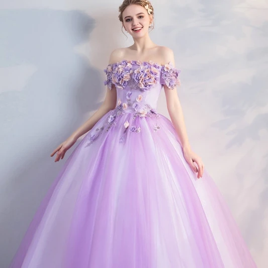 Wholesale Lace Flower Beaded Fashion Purple Tulle Organza Colored Wedding Dresses Women Party Evening Dress
