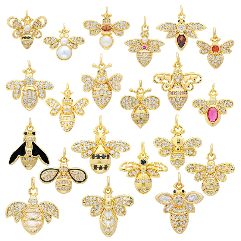 Colored Zircon Enamel Bee Pendants Brass 18K Gold Plated Animals Honeybee Charms For Diy Necklace Bracelet Jewelry Making Crafts