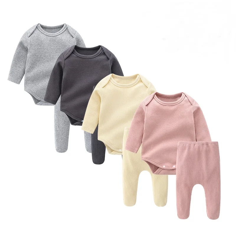 Unisex Toddler Infant Clothing 2pcs New born baby autumn clothes set ribbed cotton baby rompers with pants