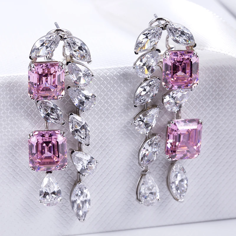 Messi Jewelry MSE-602 Silver Fancy Pink Asscher  Pear  Marquise High Carbon Diamond Cubic Zirconia Fancy Earings