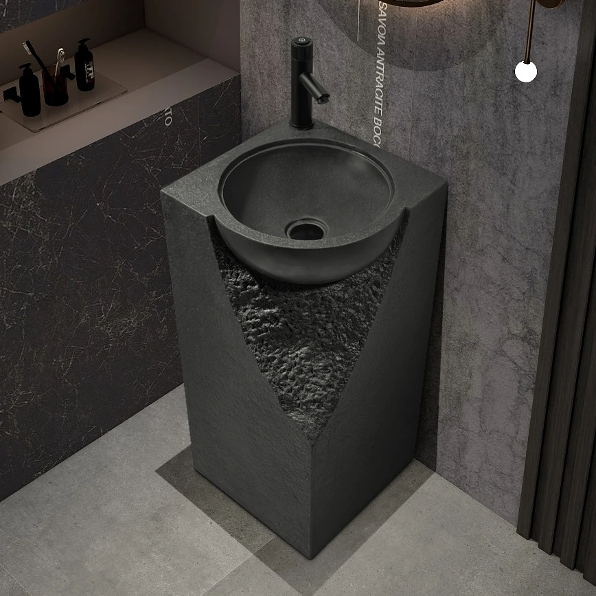 High end free standing artifical stone pedestal wash basin grey color square shape bathroom sink for hotel home