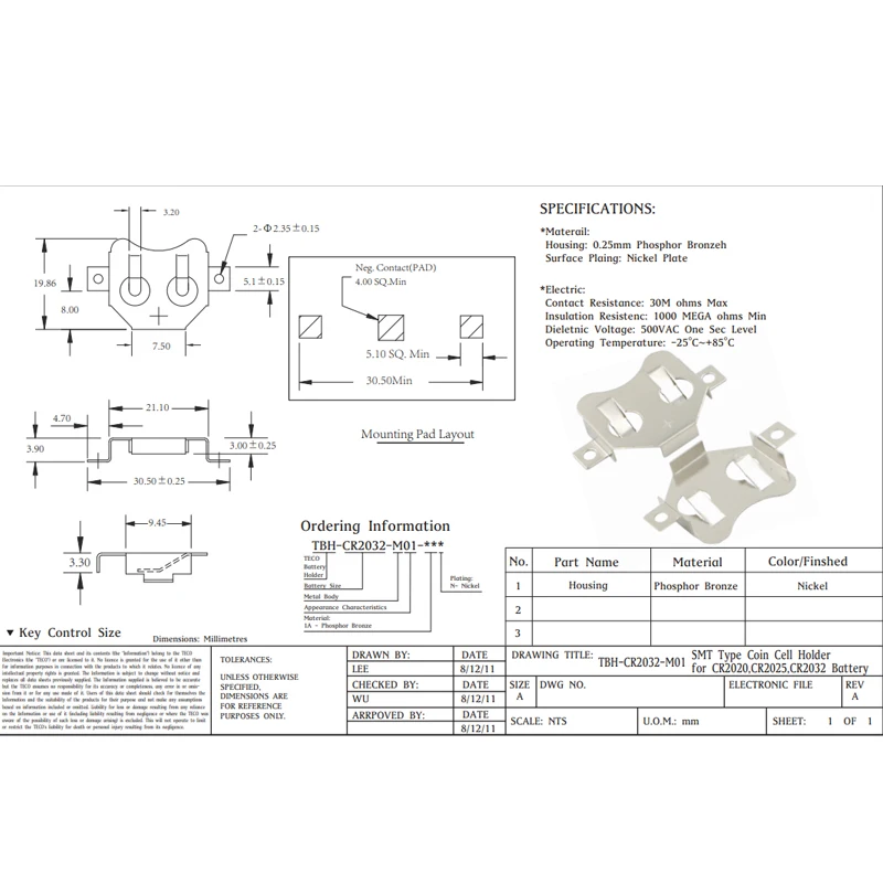 6 в CR2032 зажим для аккумулятора SMT/SMD держатель