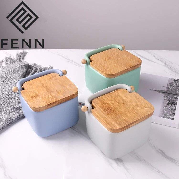 FENN popular wholesale tea canisters / ceramic jar canister with bamboo lid for home and kitchen
