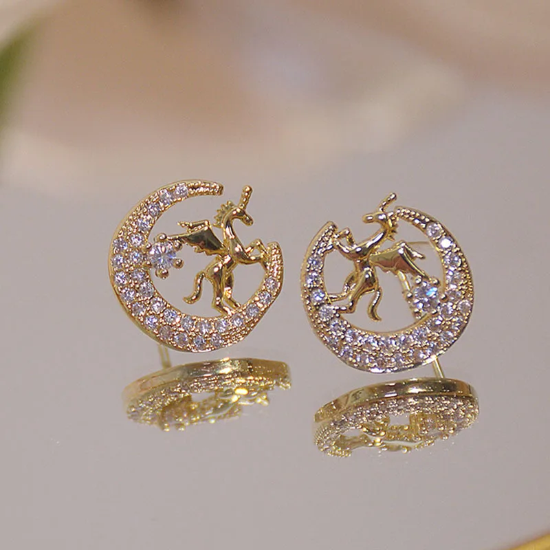 Factory Direct Sales New Animal Series Fashion Wild Pony Wings Moon Star Full Diamond Earrings Earrings Spot