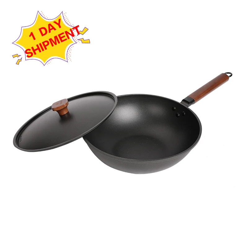 Restaurant Black Coating PFOA Free Non Stick Smooth Cast Iron Kitchen Cooking Pots Cookware Deep Fry Wok Pan With Lid