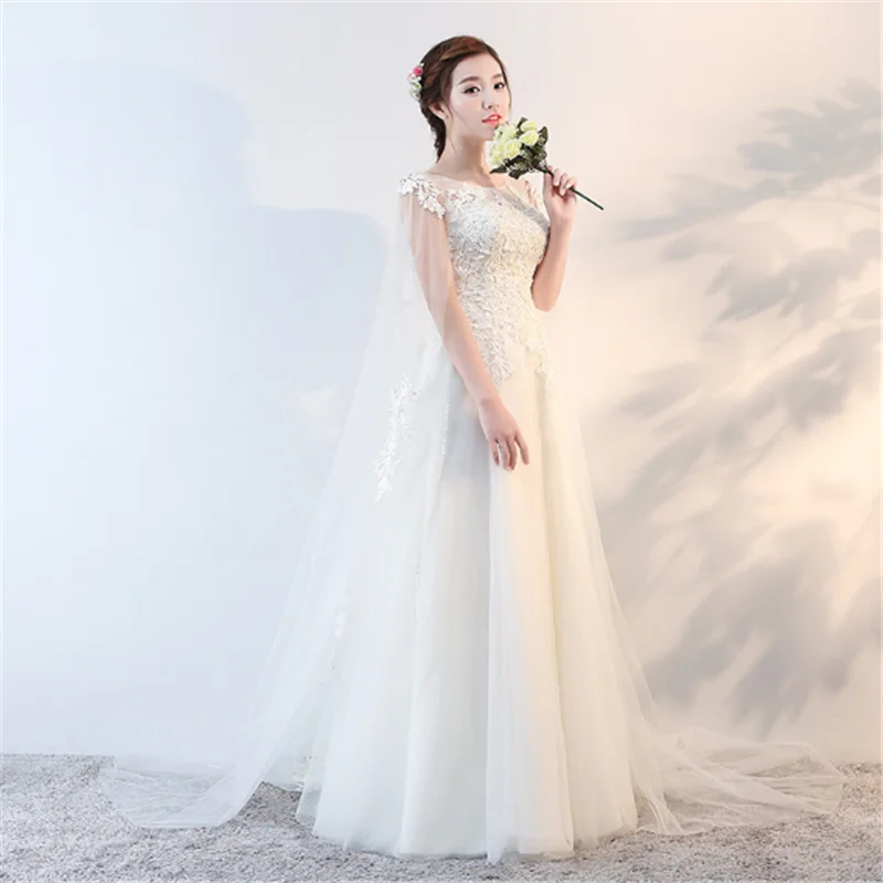 2020 vestidos de novia illusion neck elegant short sleeves cloak style puffy bridal dress wedding gown