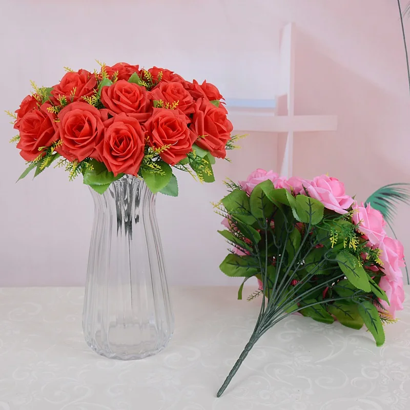 Wholesale 18 Head Premium Large Artificial Rose Bouquet Fake Silk Rose Flowers For Bridal Wedding