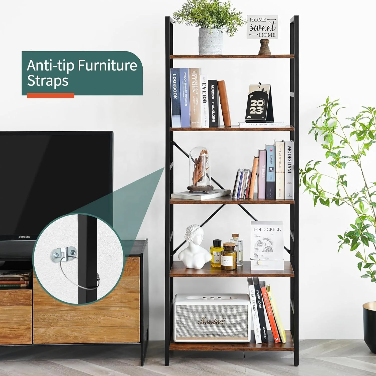 Tall Book Shelf Modern Bookcase for CDs/Movies/Books, Rustic Book Case Industrial Bookshelves Book Storage Organizer