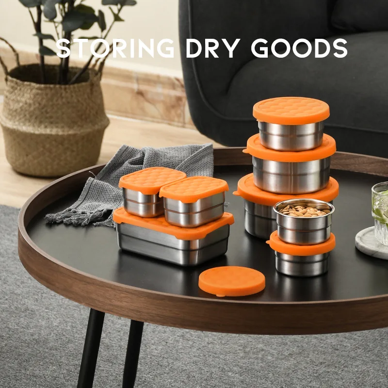 High quality round stainless steel crisper box with silicone lid lunch box square refrigerator sealed storage box set