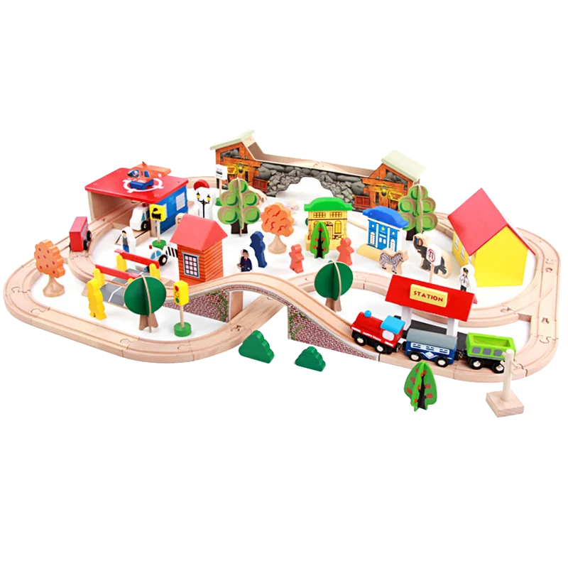 Professional Toys Manufacturer Customized Colorful 69piece Wooden Train Toy Railway