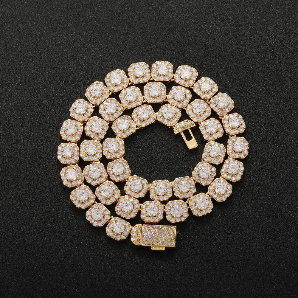 BC036 10mm Brass Setting Zircon Cuban Link Chain Necklace Gold Plated Hip Hop Bling Jewelry Gift Pearl Main Stone Iced CZ Chain