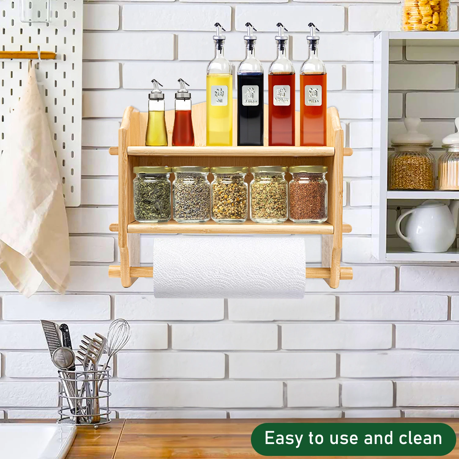 Wall Mounted Bamboo Paper Towel Holder 2-Tier Spice Rack for Kitchen