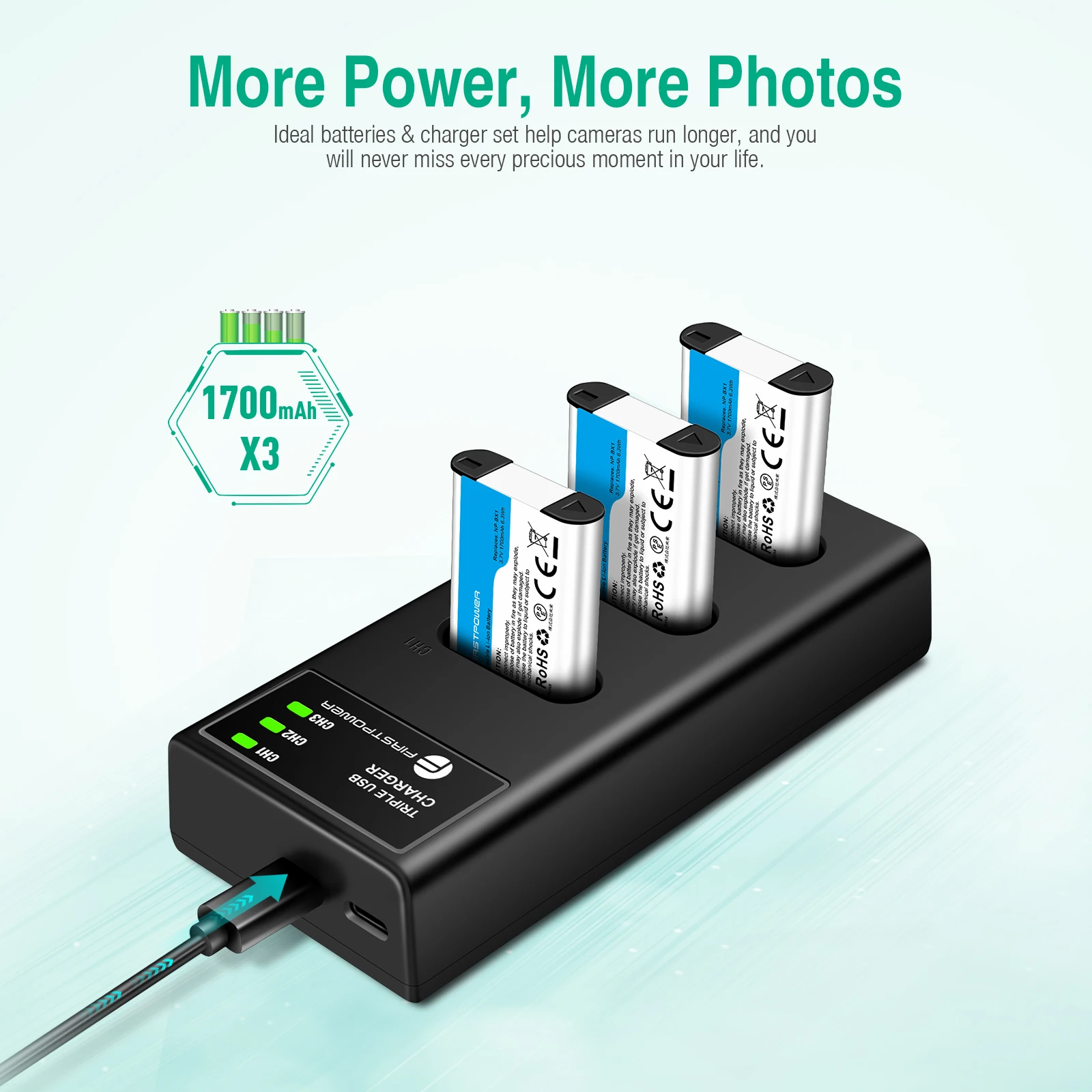 Safety 3 Pack Camera NP-BX1 Rechargeable Lithium-ion Batteries Micro USB Type-C Triple Slot LED Charger