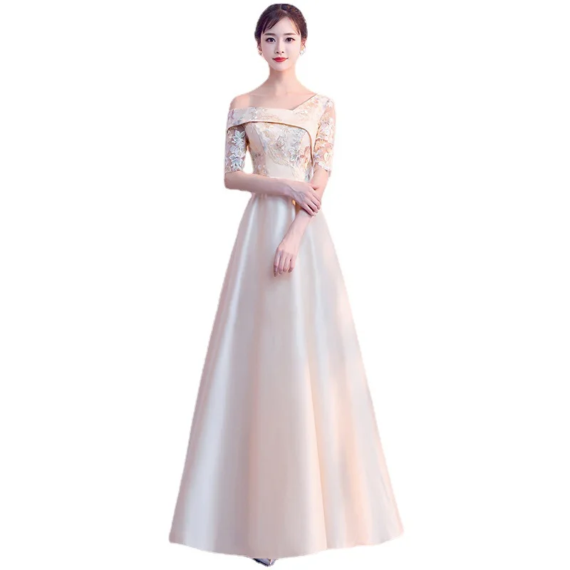 Bridesmaid Dress 2021 New Khaki Long Sleeve Annual Meeting Evening Dress Long Satin Party Dress
