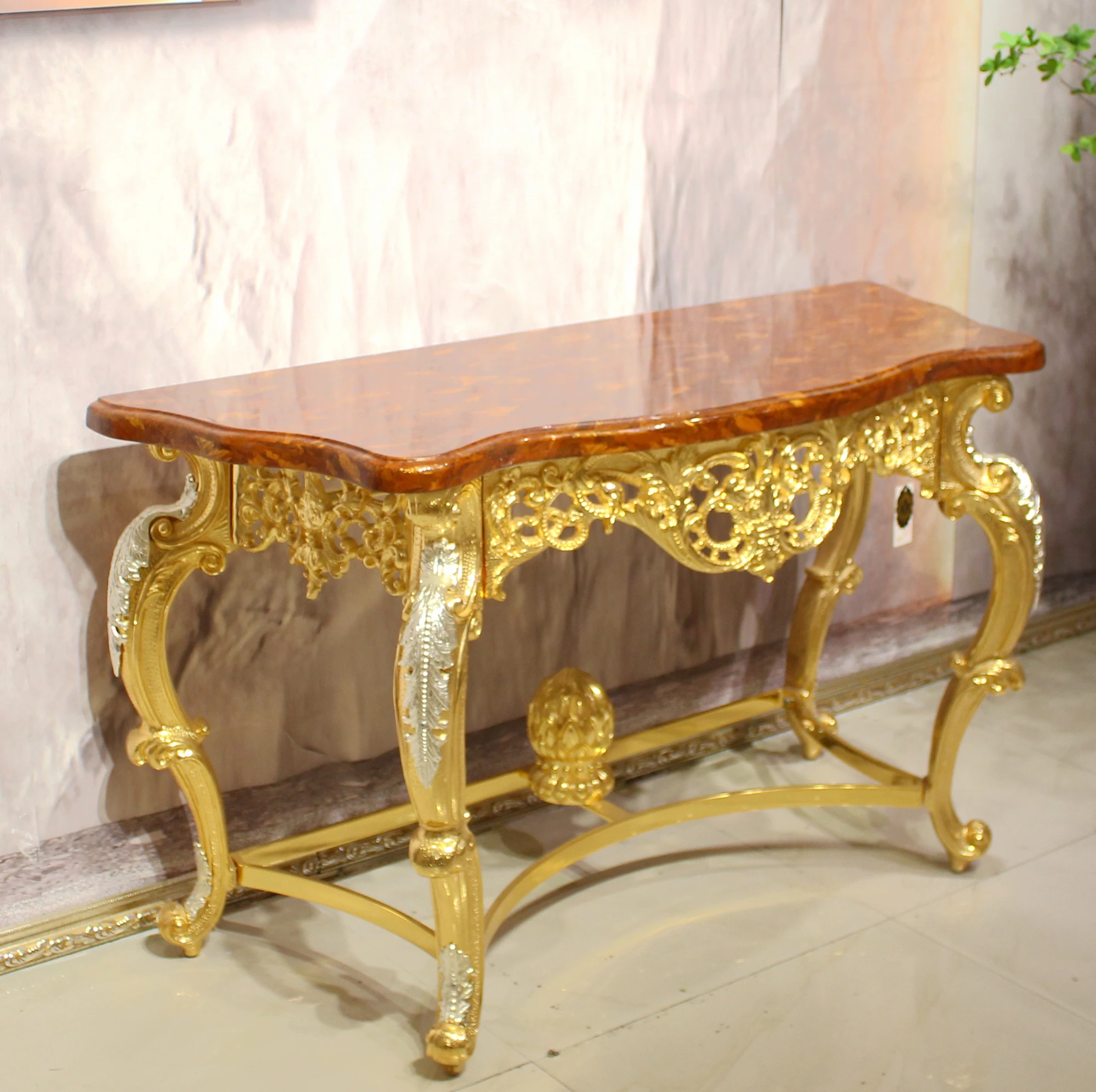 Retro Luxury Porch Italian  Classic Console Golden Copper Corridor Console Table