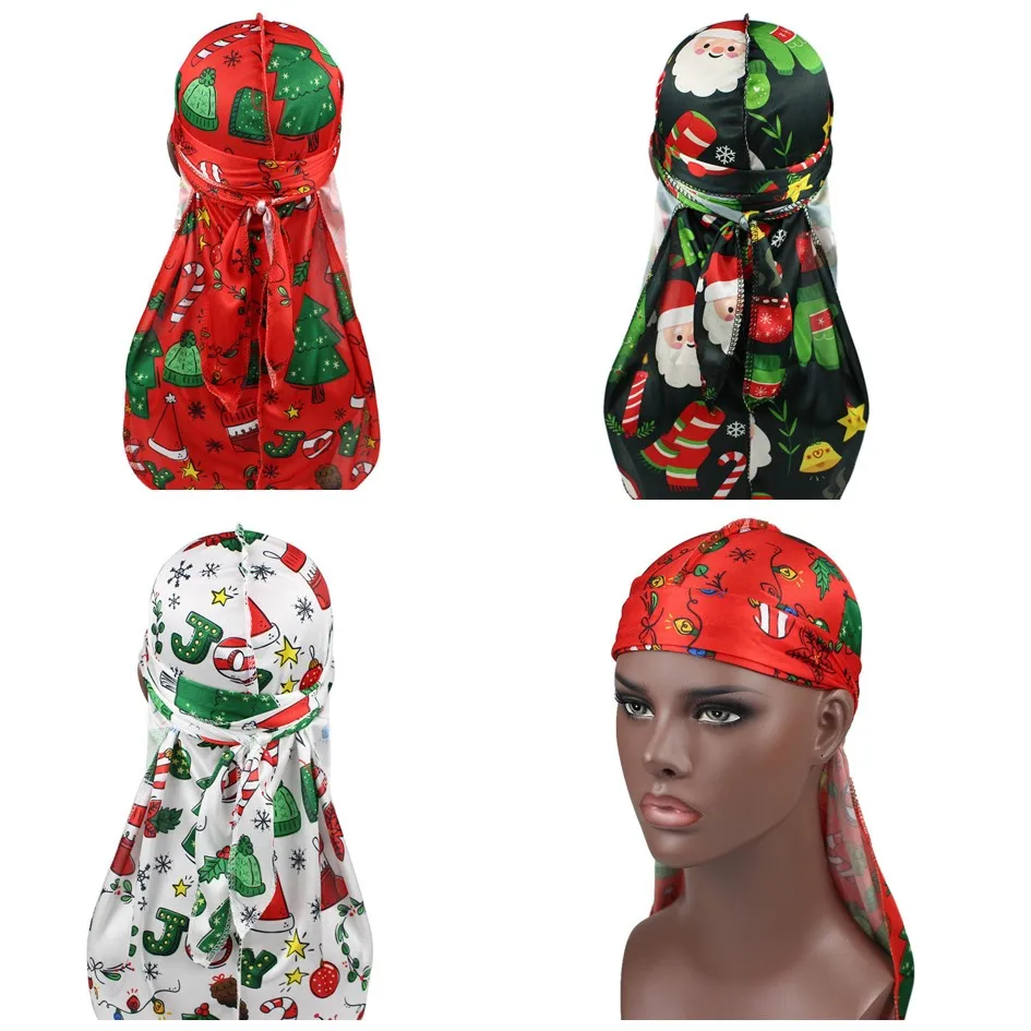 High Quality Custom Printing Durags External Stitch Unisex Silky Soft Christmas Printed Durag Waves Extra Long Straps Doo Rag