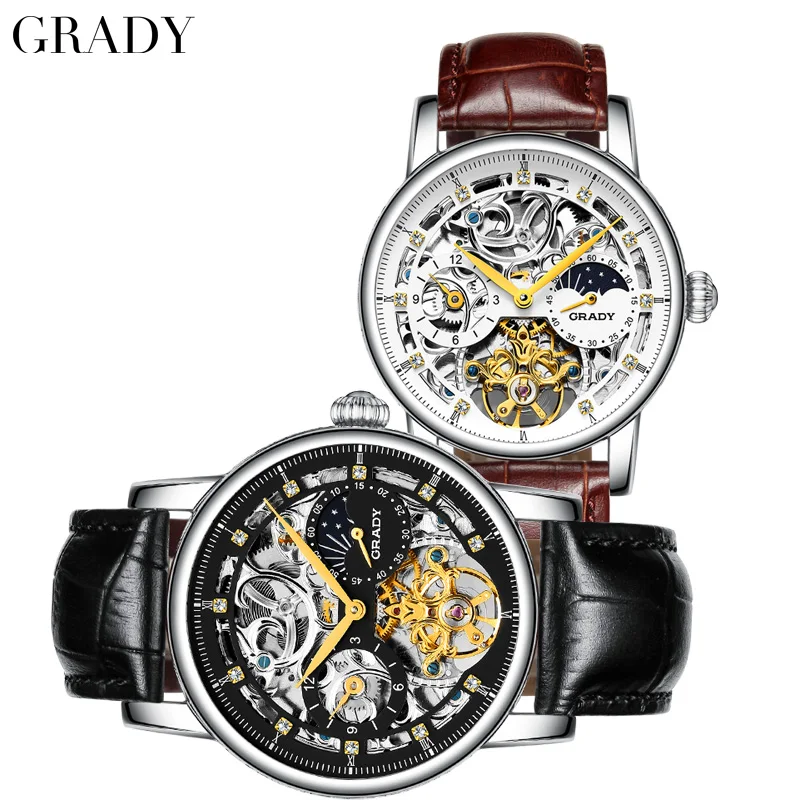 Annual sale skeleton watch mechanical design waterproof watches men with interchangeable genuine leather strap