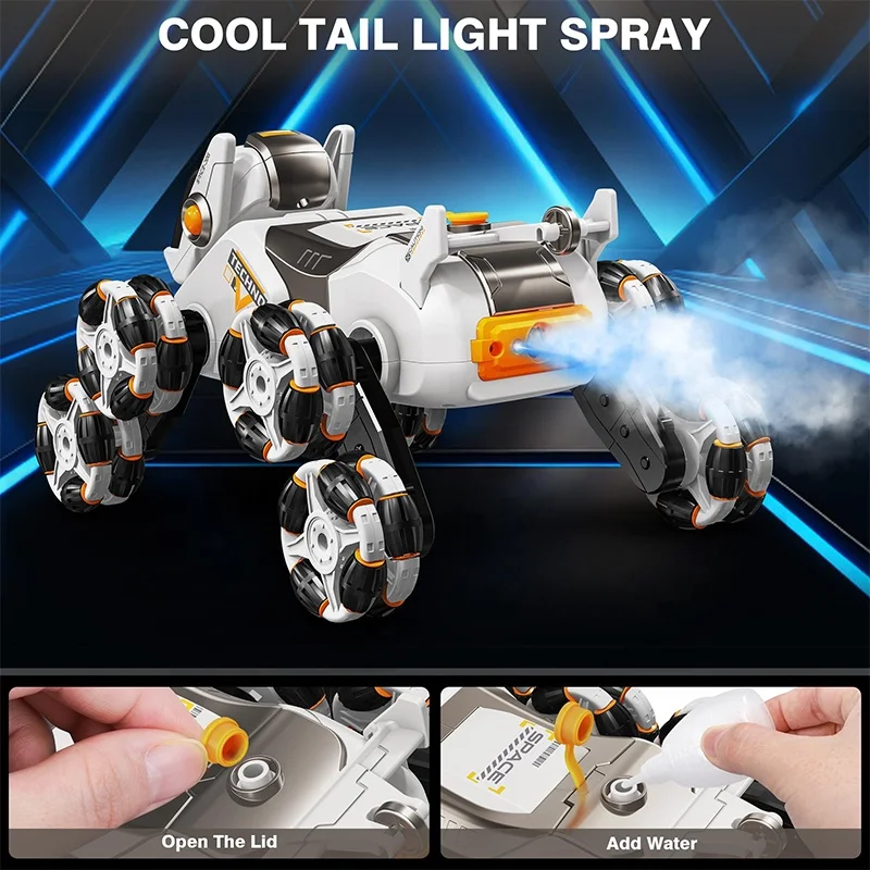 Advanced 8 Wheel RC Dog Car Radio Control Stunt Vehicle with Futuristic Design Multi-Channel Remote and Tail Light Spray